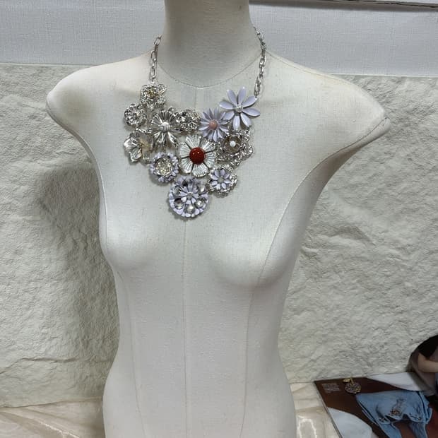 빈티지 ICNG 플라워 백송석 오리엔탈 목걸이