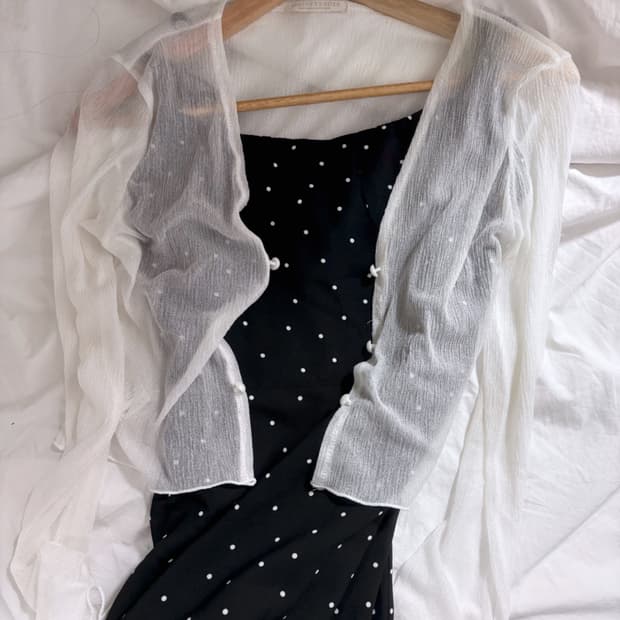 도트 나시 롱 원피스+시스루 가디건 세트