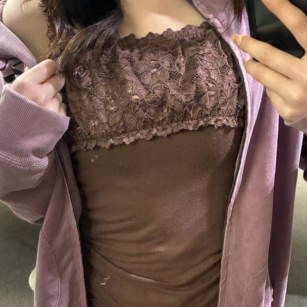 M)Japanese vintage 여성 레이스 디테일 갈색 슬리브리