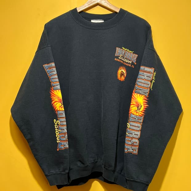00s [L] Hanes 플레임 이글 바이커 그래픽 블랙 스웨트셔츠