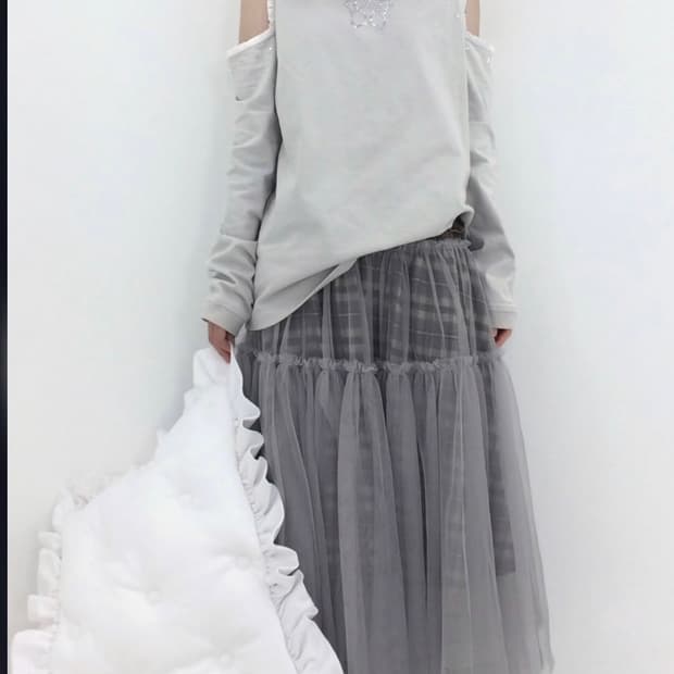 뚜오미오 롱스커트 CHECK TULLE SKIRT [BROWN]