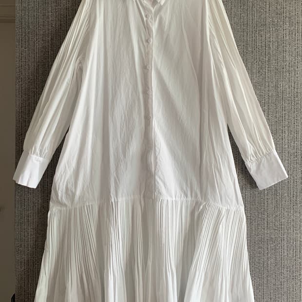 막스 까르띠지오 소매 밑단 플리츠 셔츠 롱 원피스 화이트 면 100%