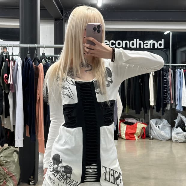 고스트 오브 할렘 펑크 Y2K 갸루 스컬 십자가 컷아웃 절개 롱슬리브 긴