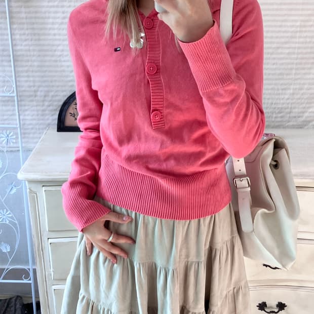 jpn vintage 타미걸 코랄핑크 버튼 후드 니트
