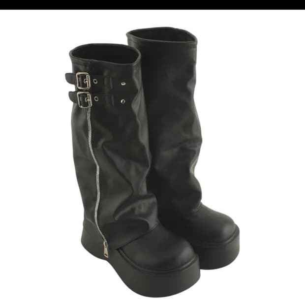 버클 지퍼 코스프레 통굽 롱부츠