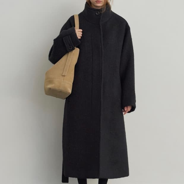 Oversized high neck boucle coat (Black)