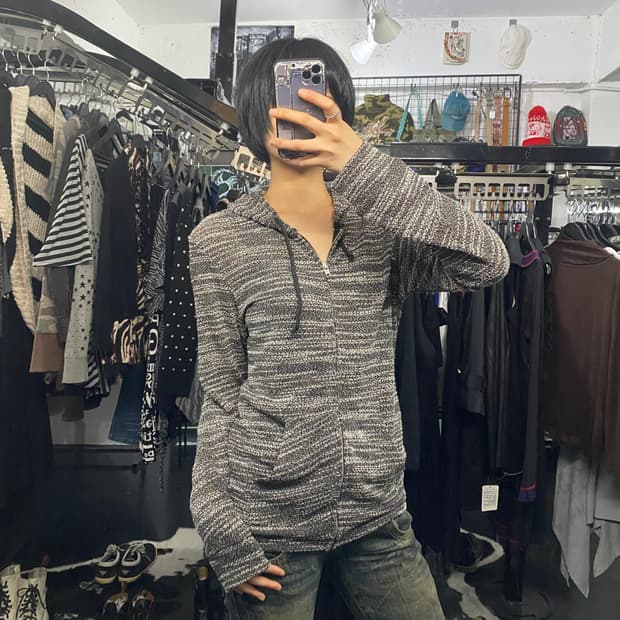 Retro engine 그레인 니트 후드집업