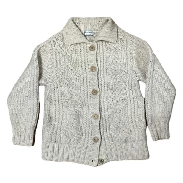 라즈베리색 실 포인트 아이보리 울 니트 가디건