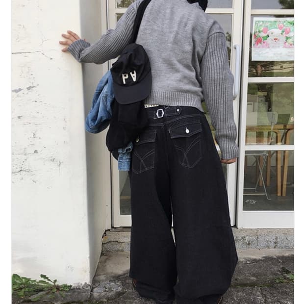 백 비조 와이드 스트라이프 흑청 데님 S