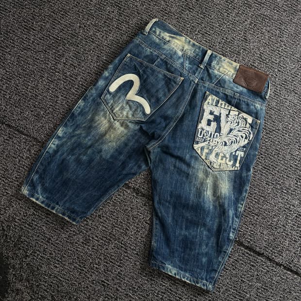 00s 에비수 자수 올그스쿨 아이스 워싱 하프 팬츠 3734