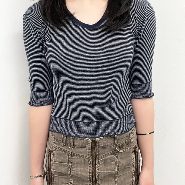네이비 스트라이프 코튼 탑