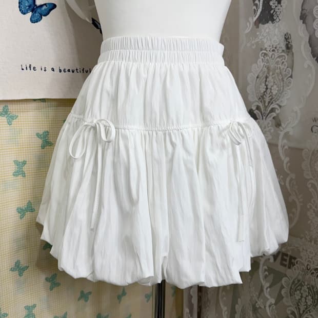 화이트 리본 벌룬 미니 스커트 