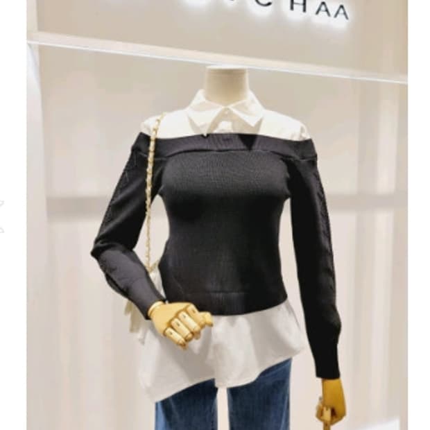 잇미샤 IT MICHAA 니트 블록 셔츠 블라우스 사이즈 55