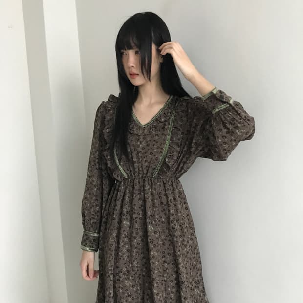 Baroque Ruffle V Neck Dress