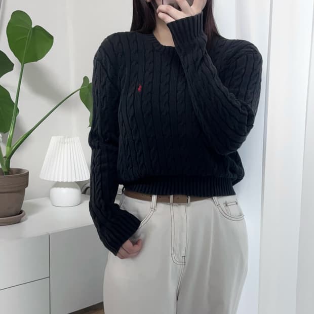 [정품] 폴로 블랙 / 레드포니 꽈배기 라운드 니트 [ M ]