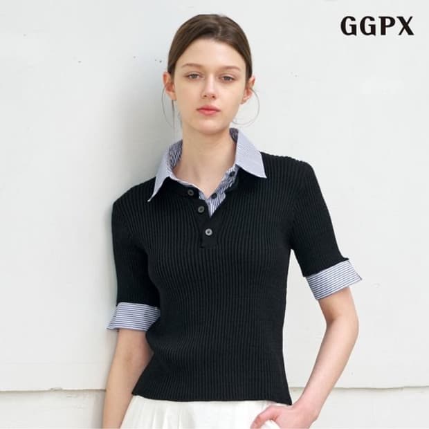 ggpx 스트라이프 배색 카라넥 슬림핏 반팔 니트