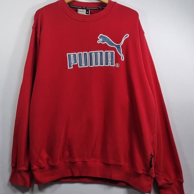 오버핏 M ) 푸마 레드 데님로고 빈티지 맨투맨