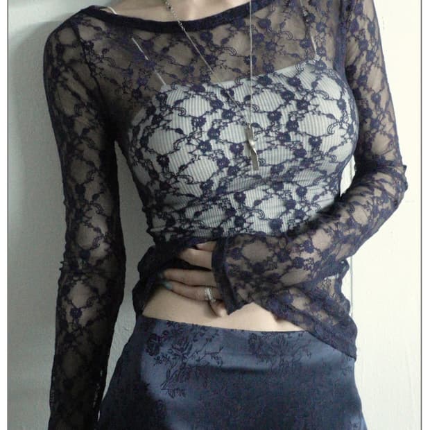 페일제이드 See-Through Flower Lace T/Navy