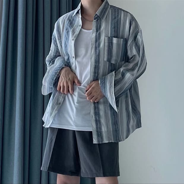 스트라이프 린넨 오버핏 플로어 물결 셔츠 새상품