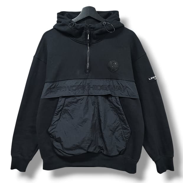 [M] 라이프워크 블랙 우븐패치 반집업 기모 후드 아노락