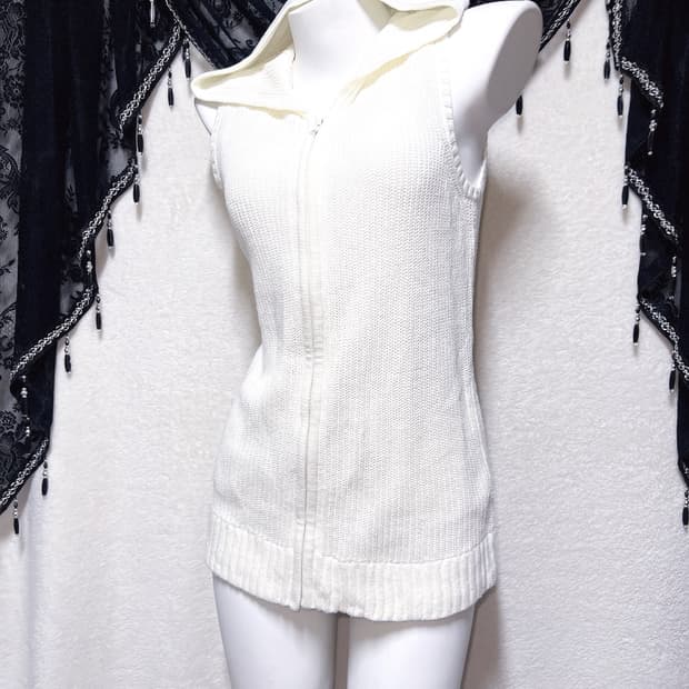 pendora 화이트 니트 후드조끼 집업 베스트 달천깔 갸루 펑크 y2k