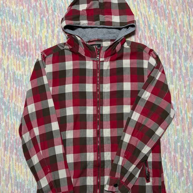 레드 체크 후드 집업