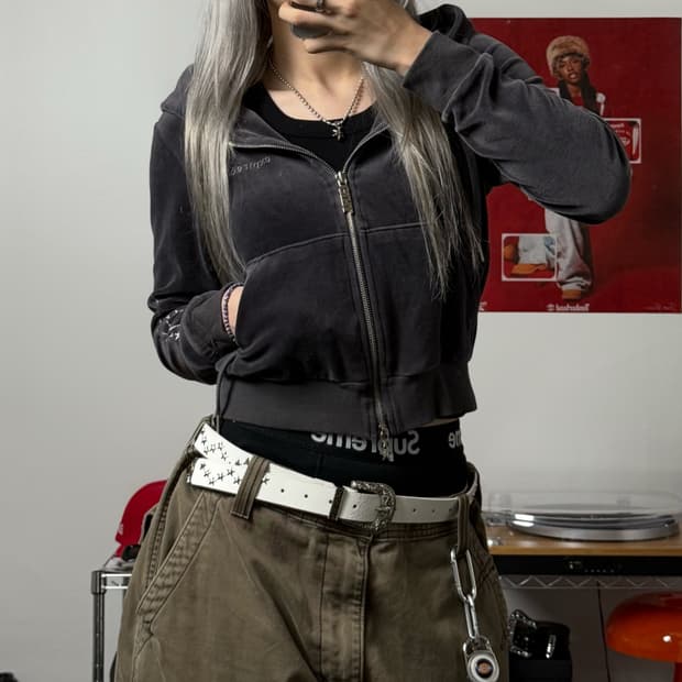 빈티지 벨벳 후드집업 블루 그레이