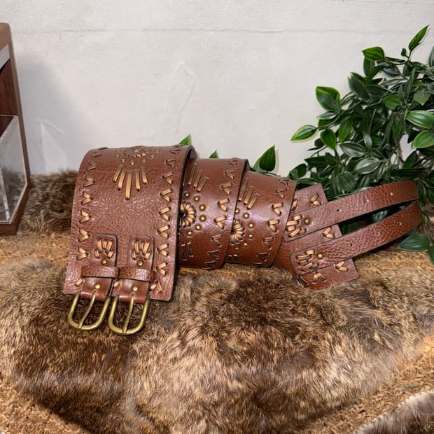 Brown bohemian western double buckle 벨트