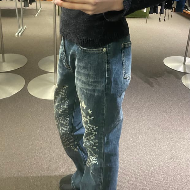 OS)일본 빈티지 여성 프린팅 부츠컷 데님팬츠