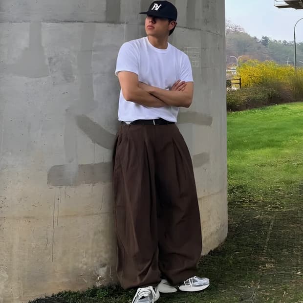 [M] 버클다운 인버티드 턱 벌룬핏 와이드 코튼 팬츠