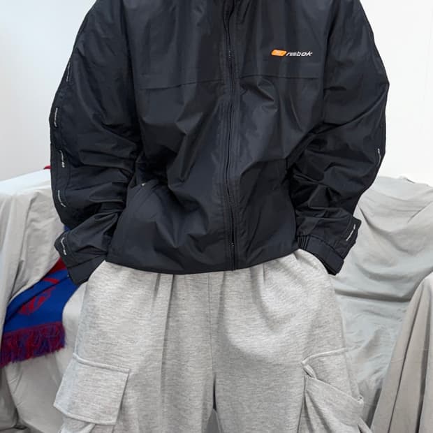 리복 블랙 사이드라인 후드 바람막이 XL