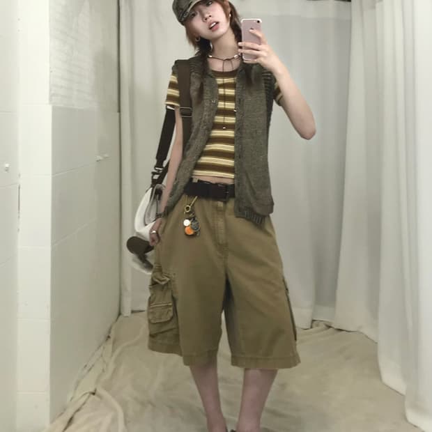 🧳 빈티지 카키 브라운 히피 스트릿 코디 세트