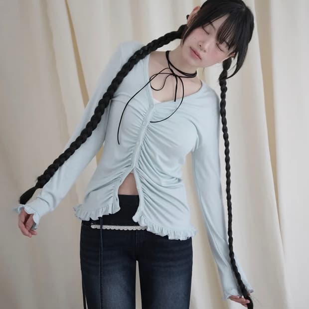 미레코 ASYMMETRIC SHIRRING LACE CARDIGAN MI