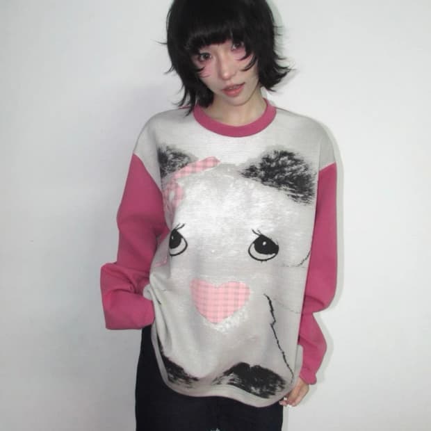 OurHappy 중국 브랜드 맨투맨 롱슬리브 긴팔티셔츠 핑크 프린팅 