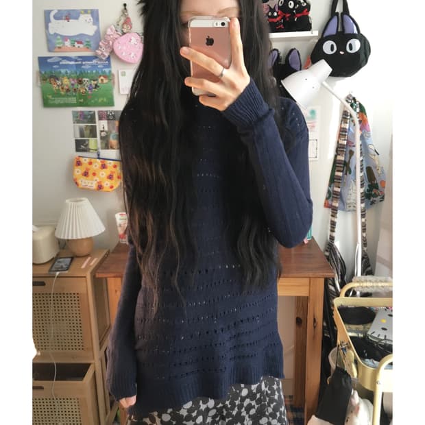 vintage punching hole loose knit navy