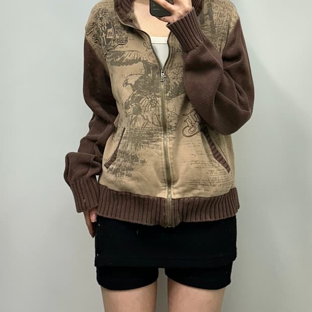 마자플라바 y2k 와투케 카키브라운 니트 집업