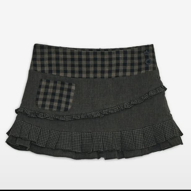허그유어스킨 체크 러플 미니 스커트 브라운