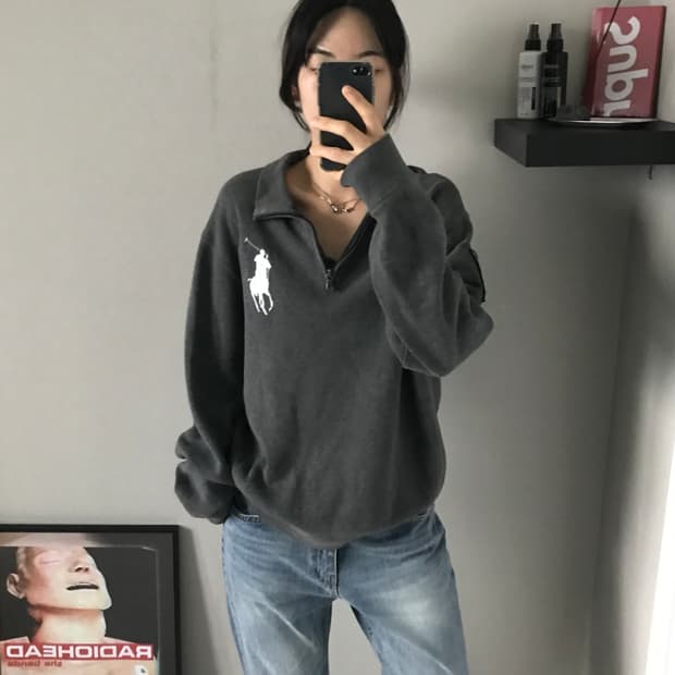 폴로 랄프로렌 빅포니로고 그레이 반집업 니트