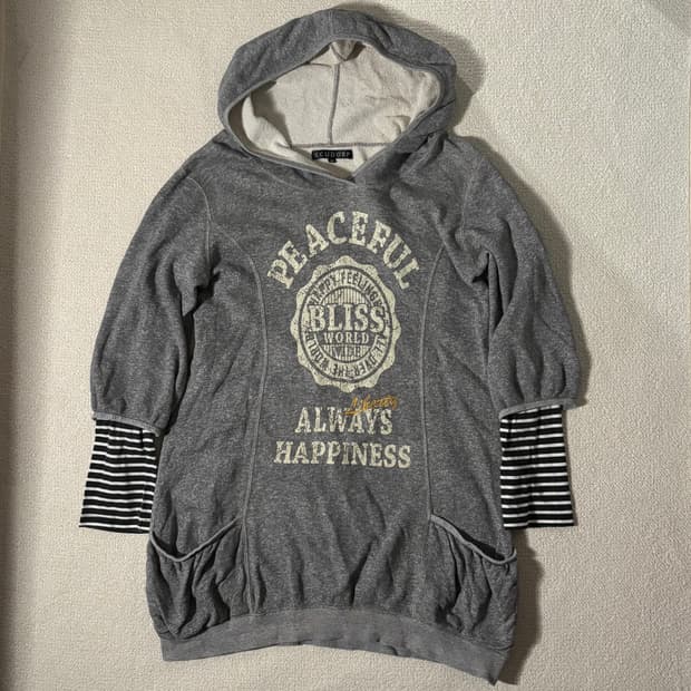 일본빈티지 ECUDORP 그레이 레이어드 후드 롱 탑