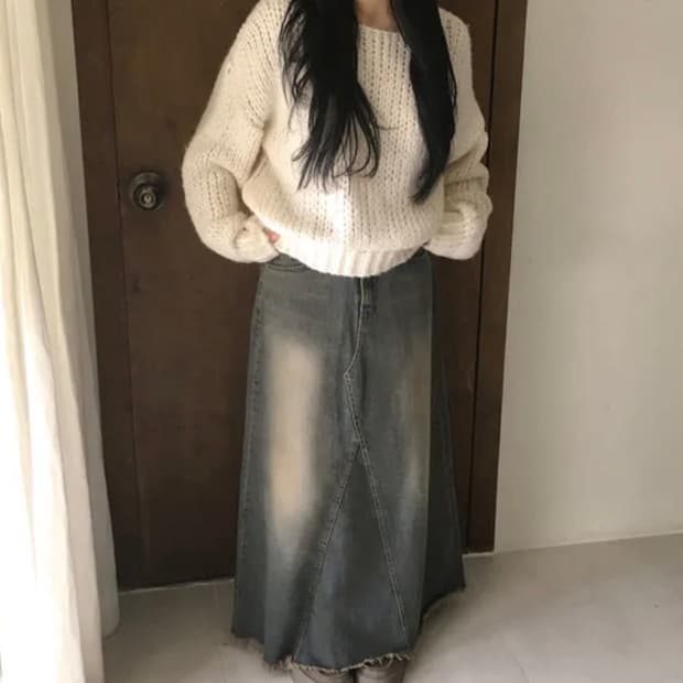 하이웨스트 빈티지 캣브러쉬 샌드 워싱 컷아웃 프린지 데님 롱 스커트 