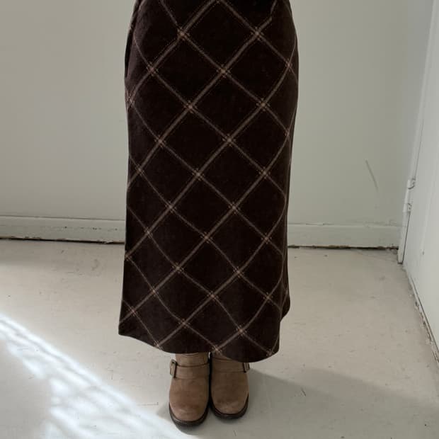 일본빈티지 브라운 체크 롱스커트