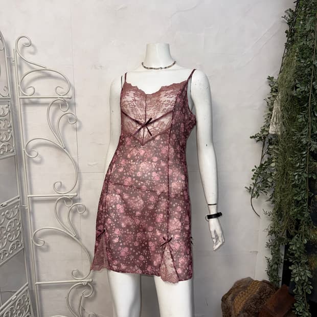Dark rose pink floral lace slip ops