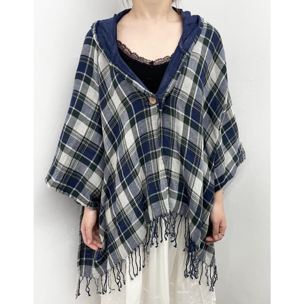 모리 사와코 체크 후드 케이프