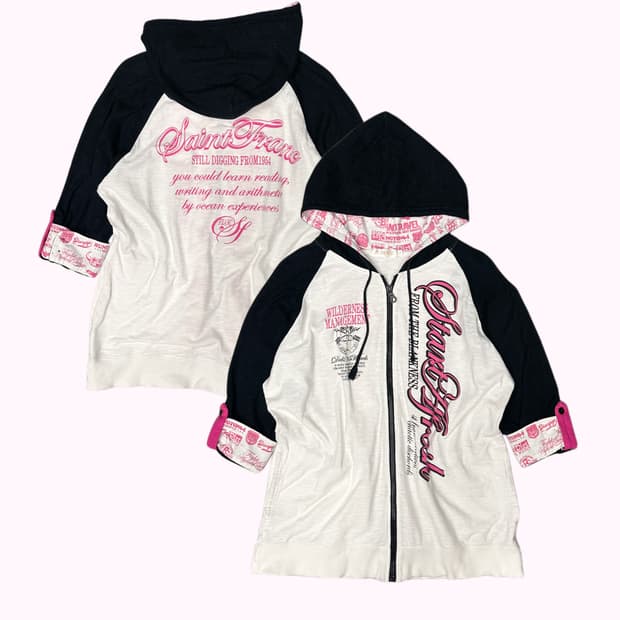 pink lettering raglan hood zip-up