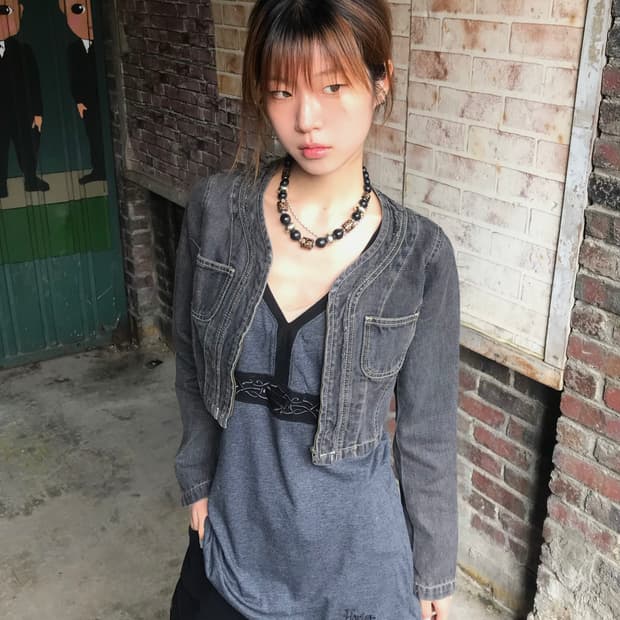 (상의 세트) 할리데이비슨 그레이 원피스 나시 + 흑청 크롭 자켓