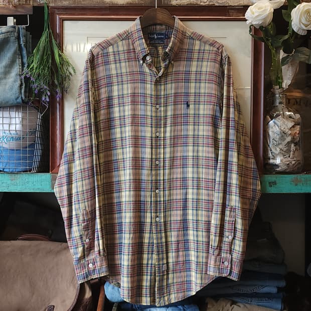 90s 폴로 마드라스 코튼 아메리칸 플란넬 체크셔츠 옐로우 L