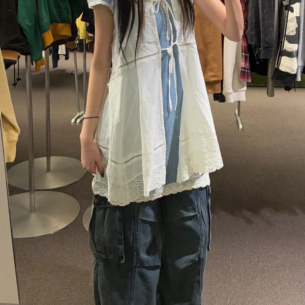 OS)Japanese vintage 여성 화이트 펀칭 레이어드 나시 원피