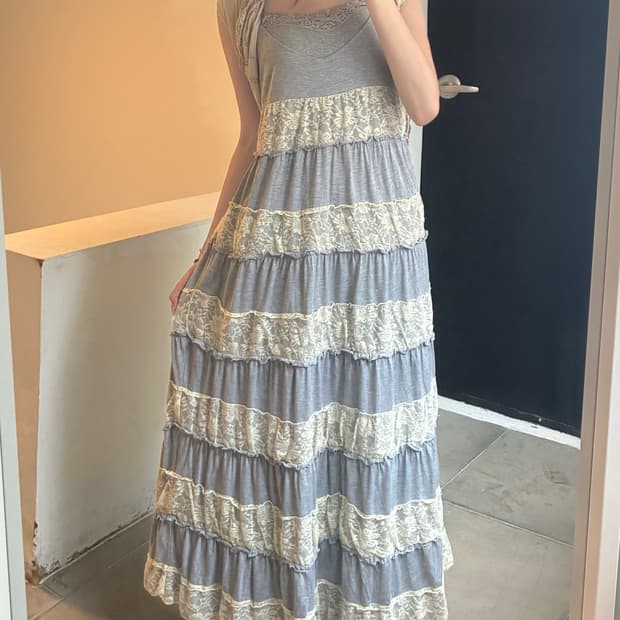 L)Japanese vintage 여성 레이스 디테일 나시 원피스
