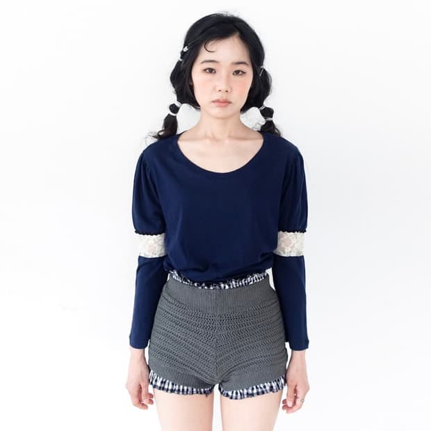 샵페어리 퍼프 레이스 트리밍 탑 티셔츠 살구