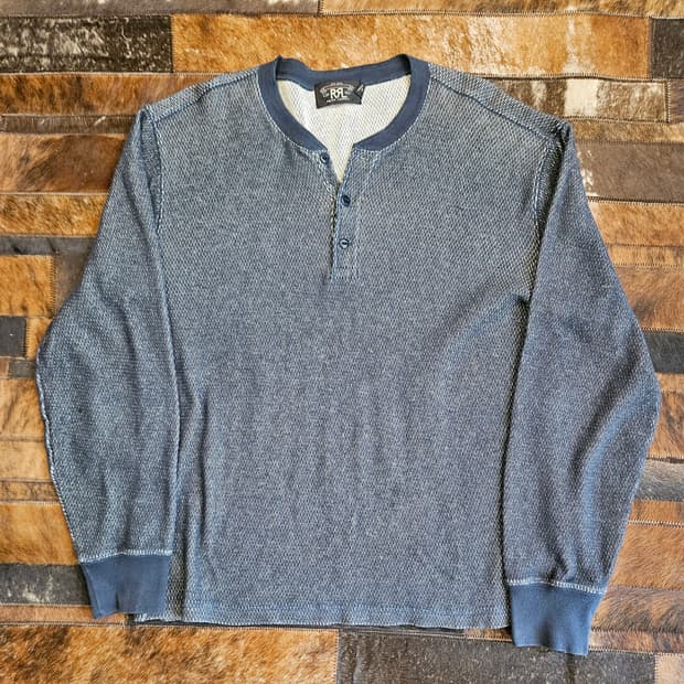 더블알엘 인디고 코튼 와플 헨리넥 